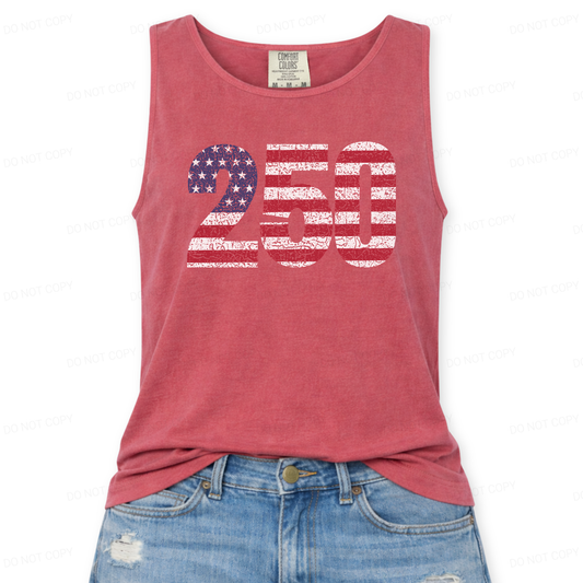 Red tank top with '250' graphic design on a white background