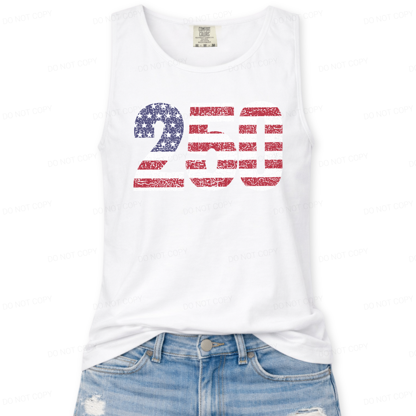 White tank top with red and blue graphic design on a white background