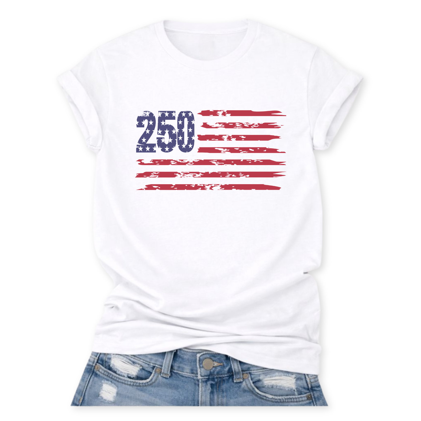White Bella Canvas t-shirt mockup with rolled sleeves and a front tuck into distressed denim, featuring a small “250” with stars and distressed red flag stripes graphic across the chest.