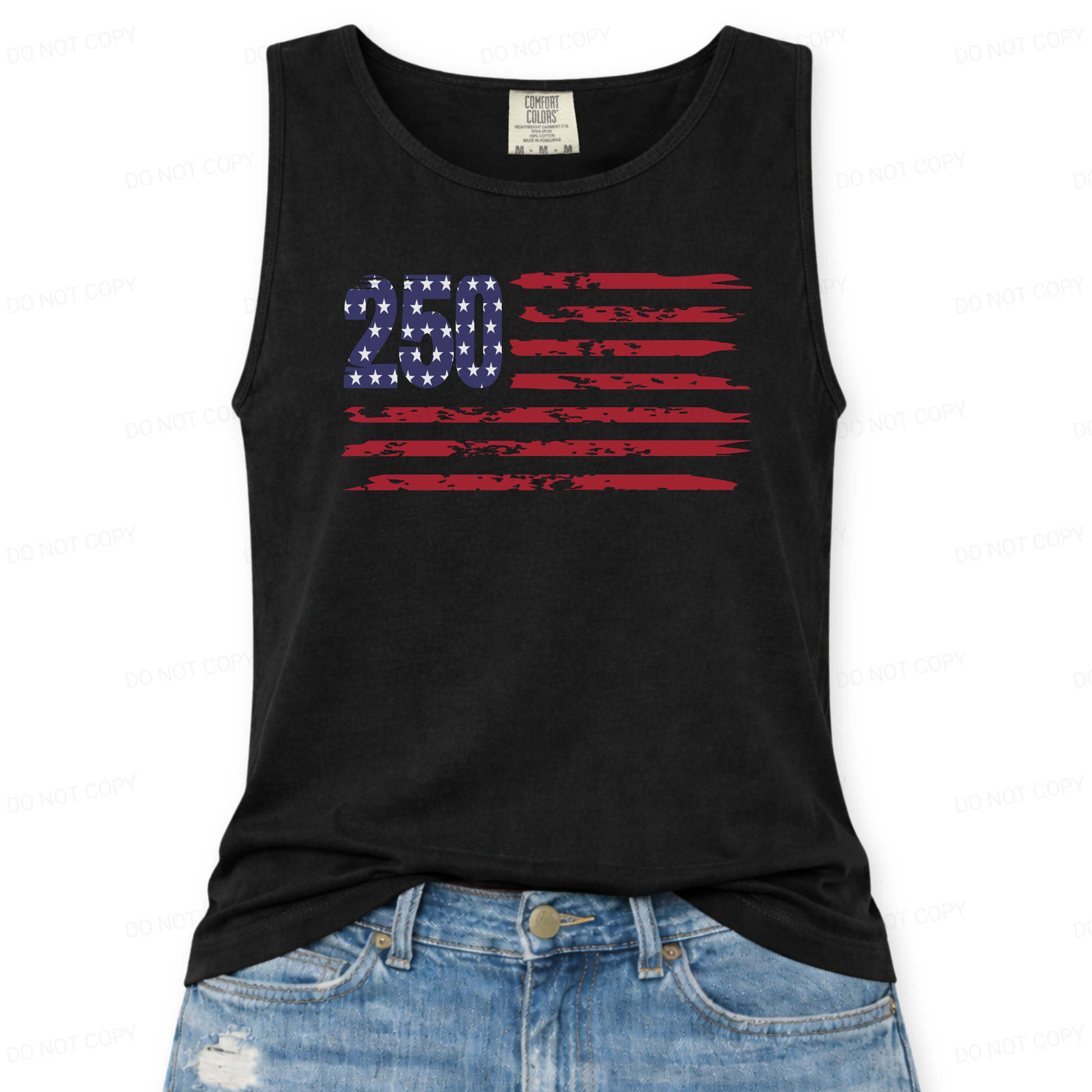 Black tank top with '250 American flag design' design on a white background