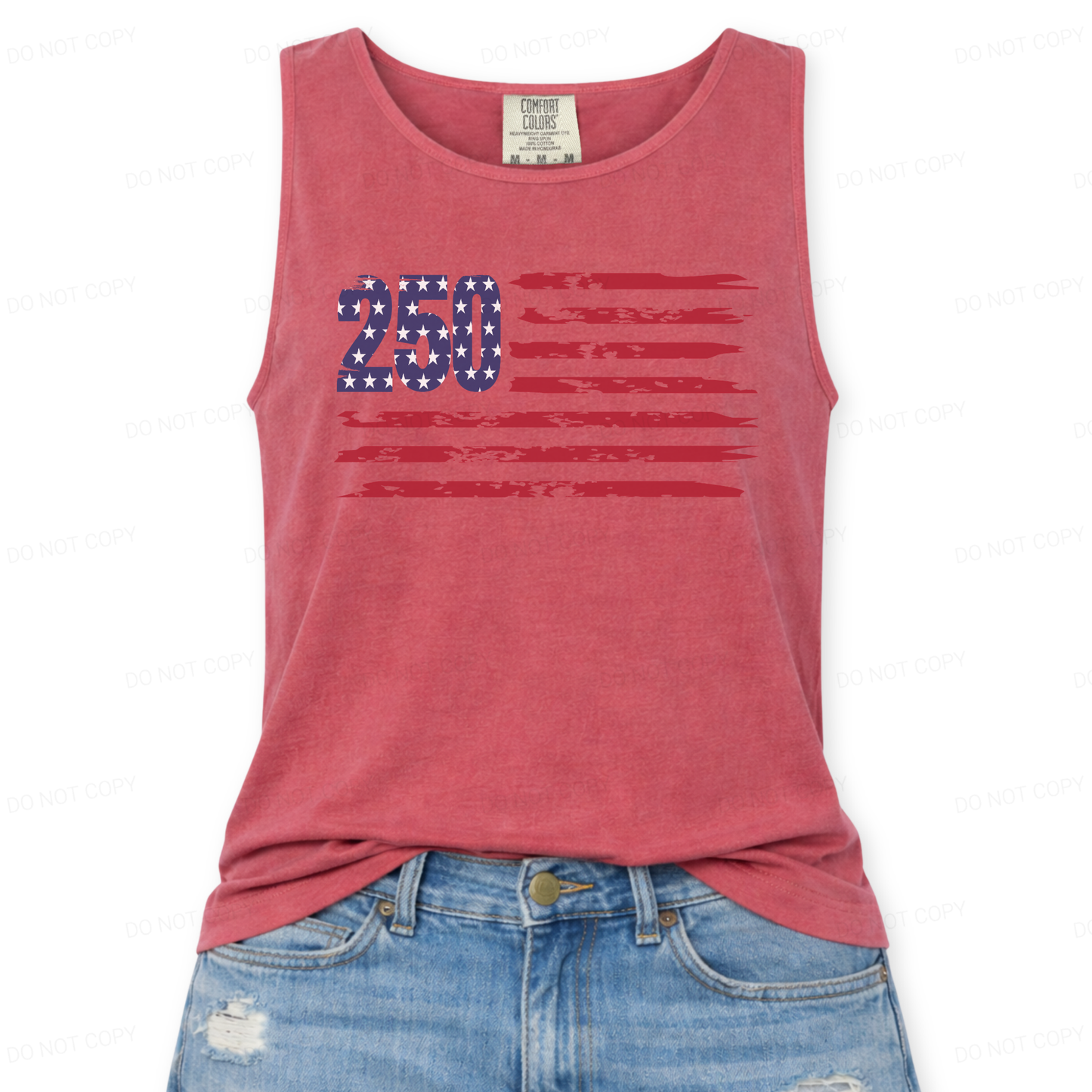 Crimson Red tank top with '250 American flag design' design on a white background