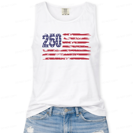 White tank top with '250 American flag design' design on a white background