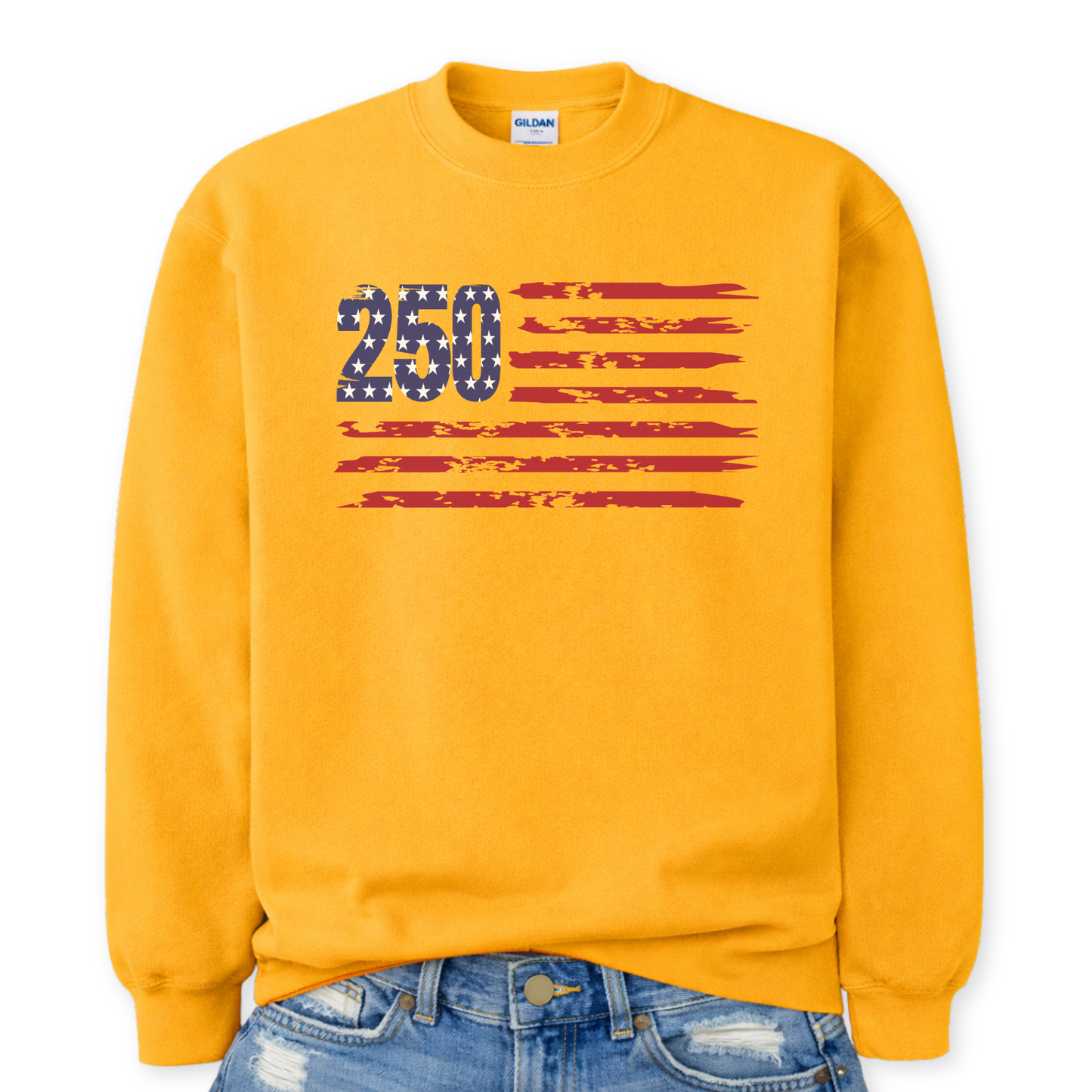 Yellow sweatshirt with number 250 and American flag design on a white background