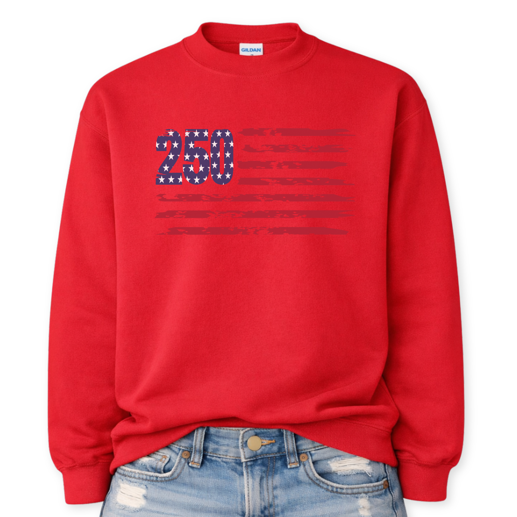 red sweatshirt with American flag design and number 250, worn with blue jeans on a white background