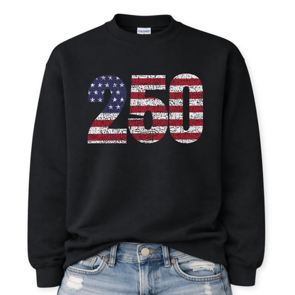 Black Gildan crewneck sweatshirt mockup with a front tuck into distressed denim, featuring a large “250” graphic filled with a distressed American flag pattern (white stars and red-and-white stripes).