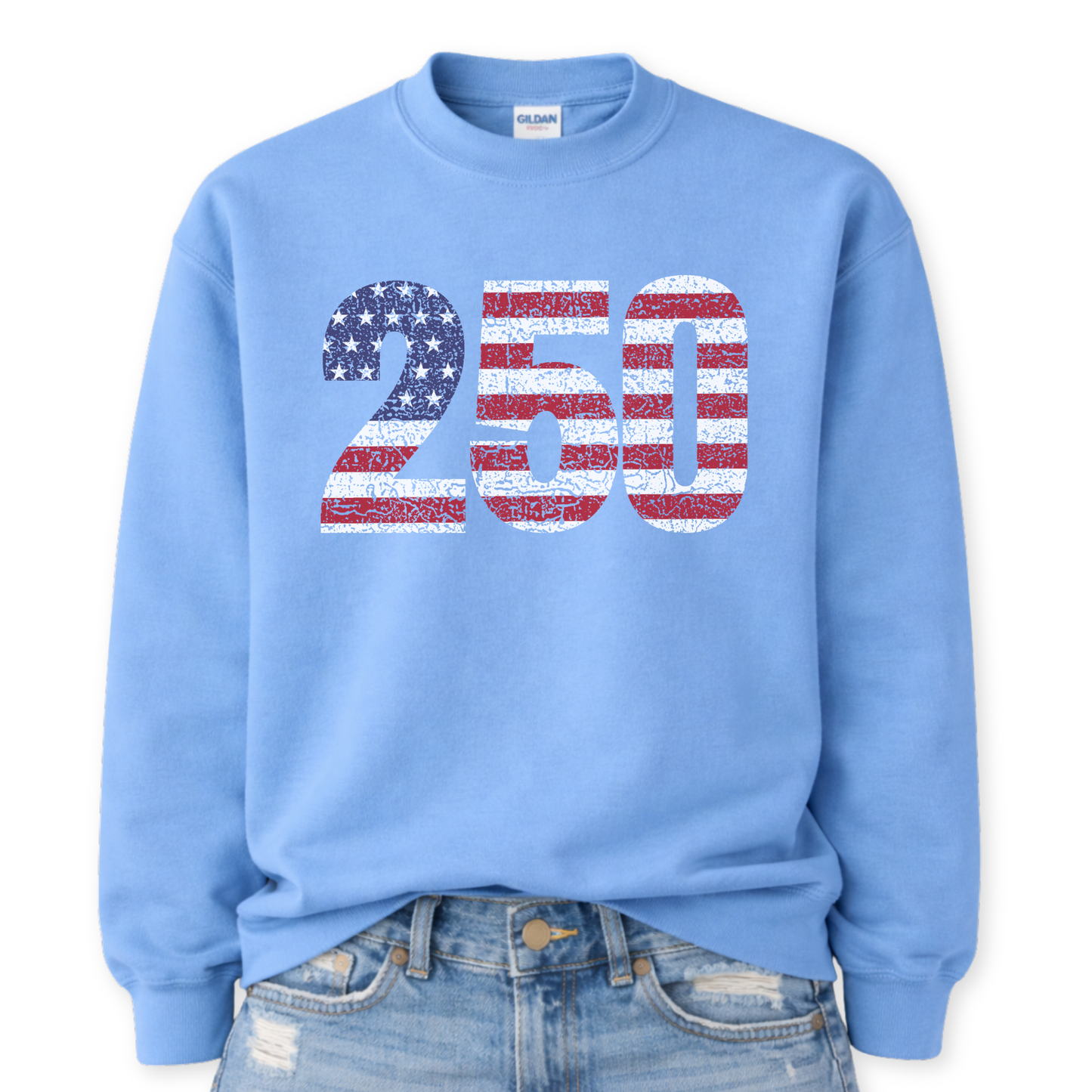 Light blue sweatshirt with '250' design on a white background