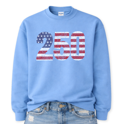 Light blue sweatshirt with '250' design on a white background