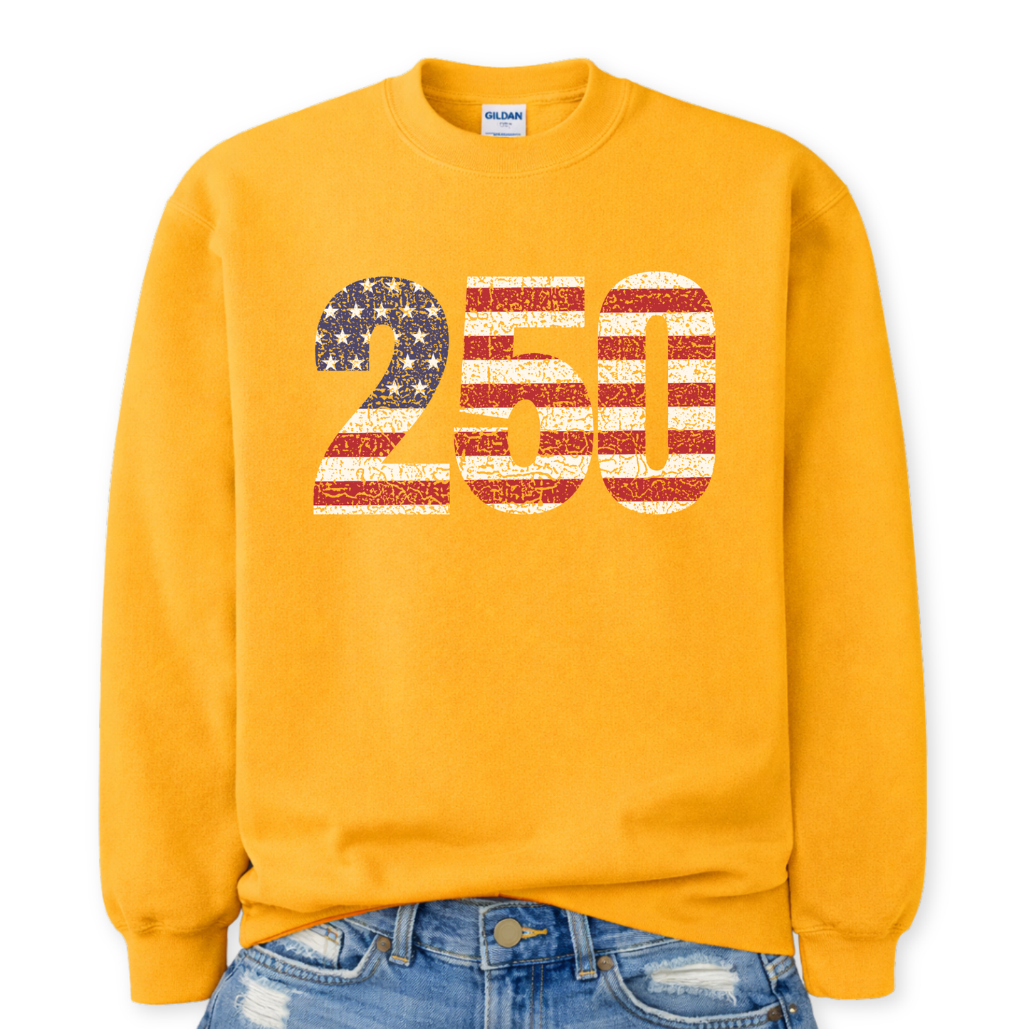 Yellow sweatshirt with '250' design on a white background