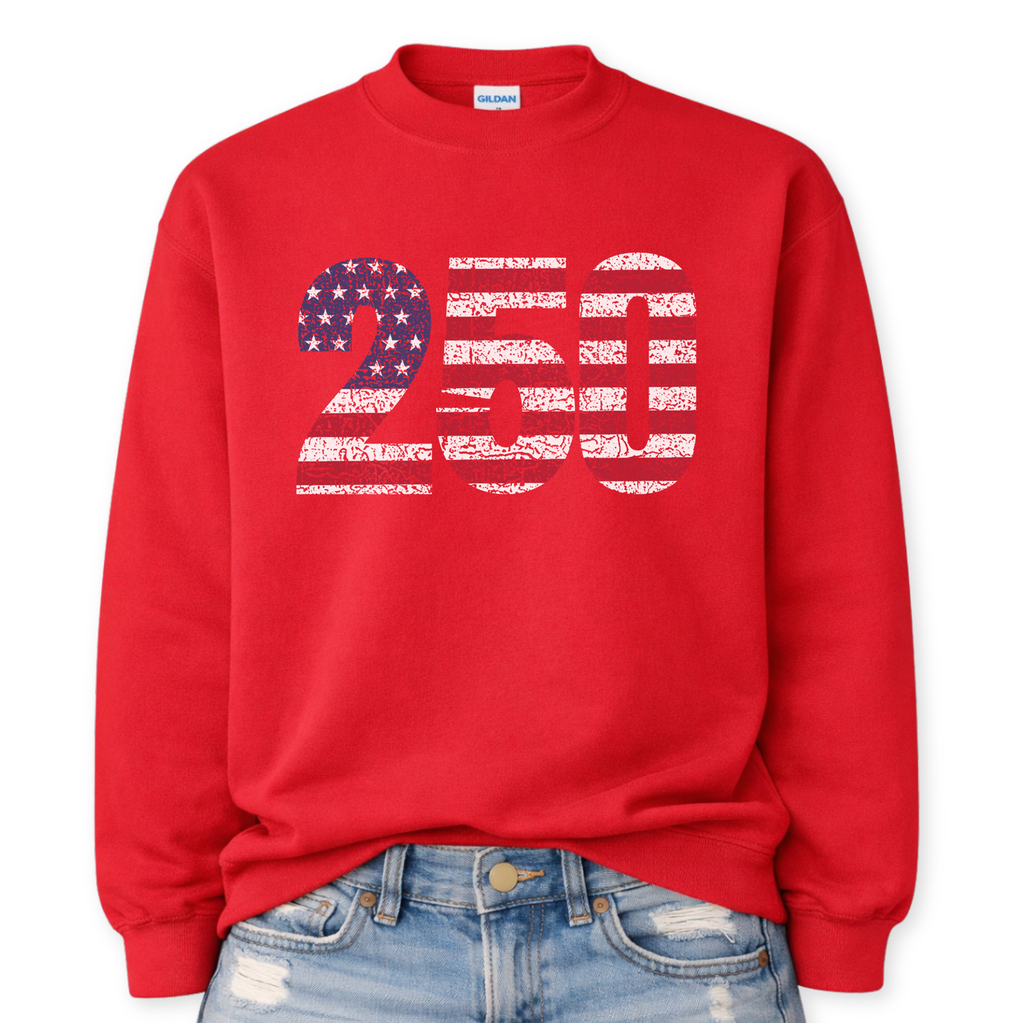 Red sweatshirt with '250' design on a white background