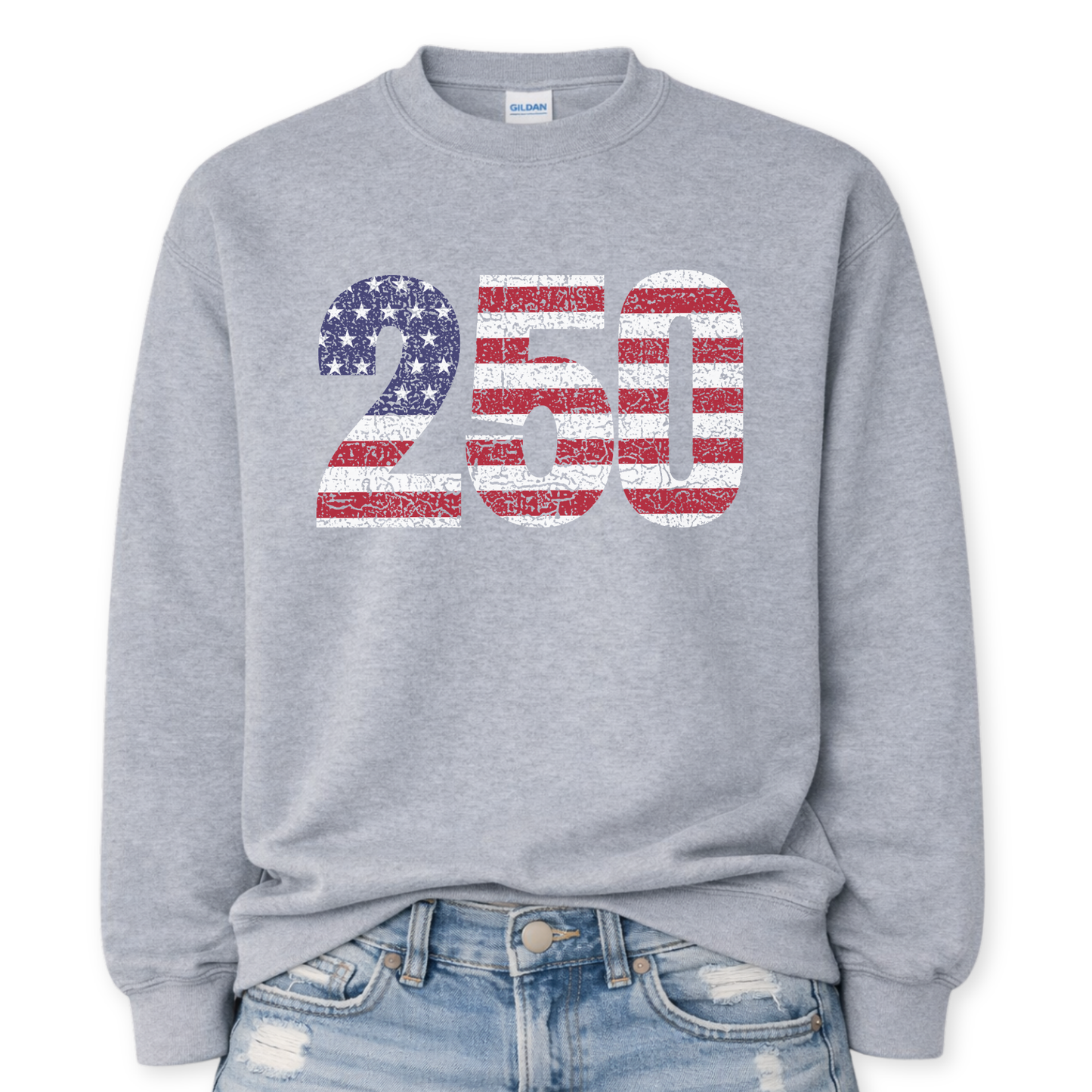 Gray sweatshirt with '250' design featuring American flag colors on a white background.