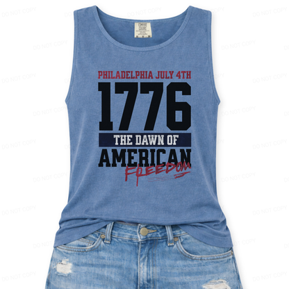 Blue tank top with text about Philadelphia July 4th and American freedom on a white background