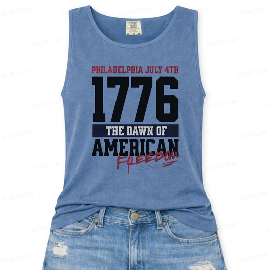 Blue tank top with text about Philadelphia July 4th and American freedom on a white background
