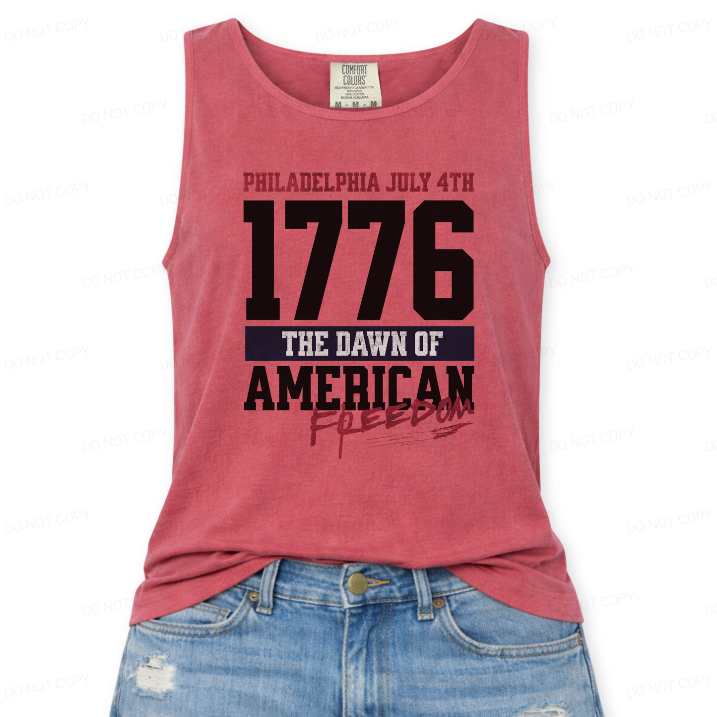Red tank top with black text about Philadelphia July 4th and 1776 on a white background