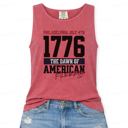 Red tank top with black text about Philadelphia July 4th and 1776 on a white background
