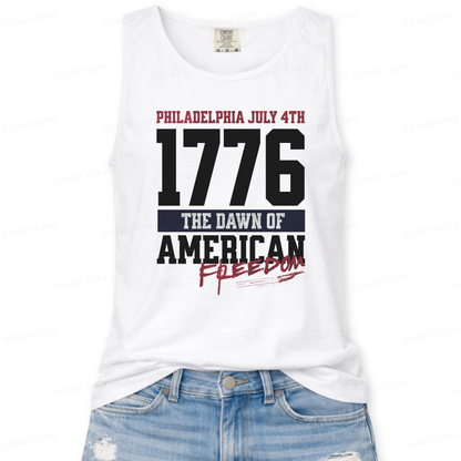 White tank top with 1776 text and American freedom slogan on a white background