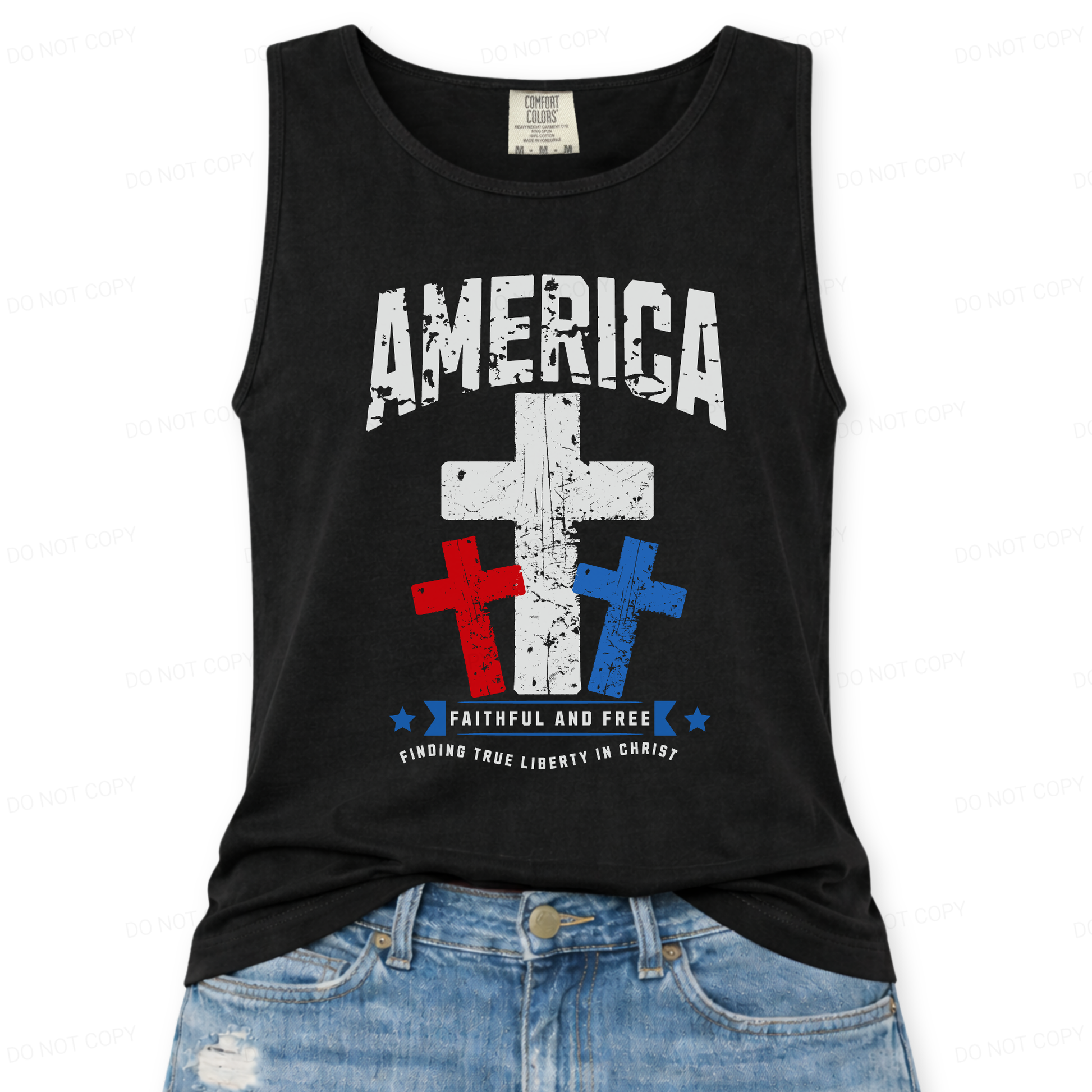 Black tank top with 'America Faithful and Free'  3 Christian cross graphic design on a white background