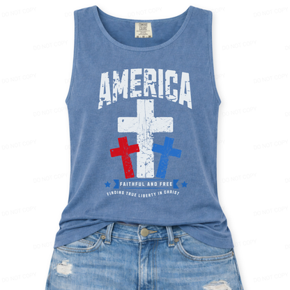 Blue tank top with 'America Faithful and Free'  3 Christian cross graphic design on a white background