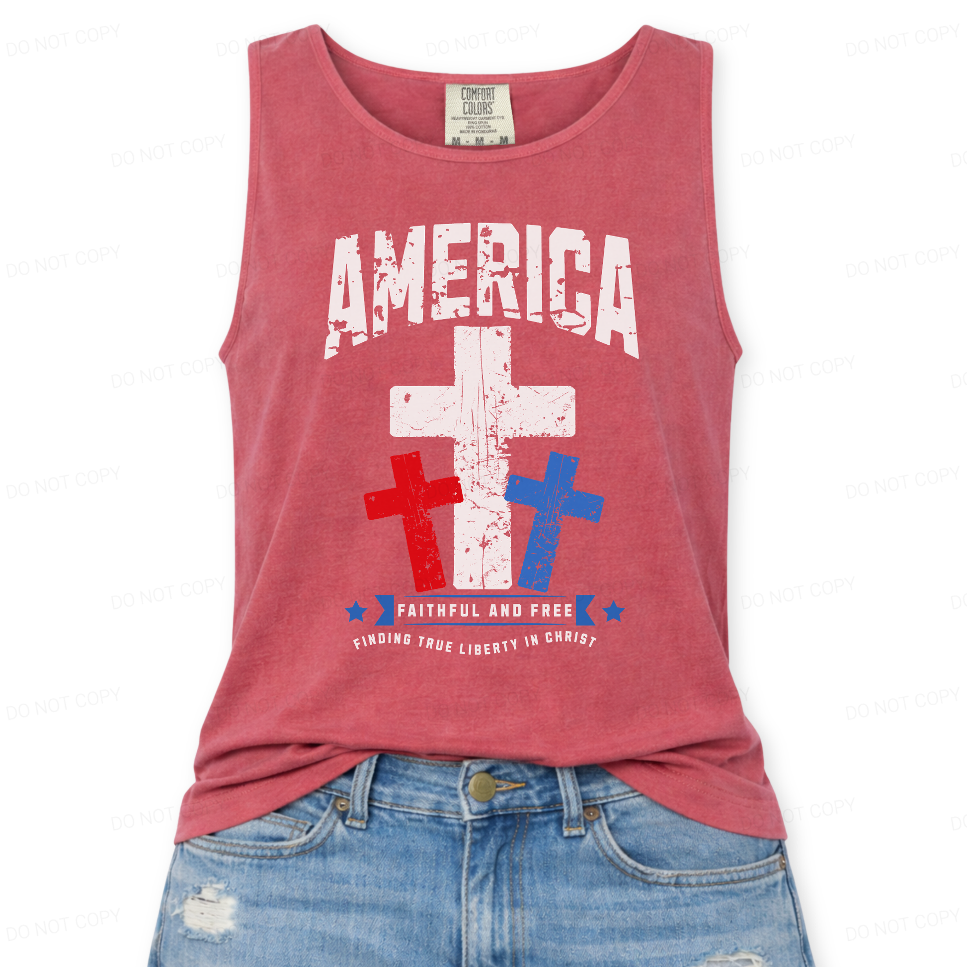 red tank top with 'America Faithful and Free'  3 Christian cross graphic design on a white background