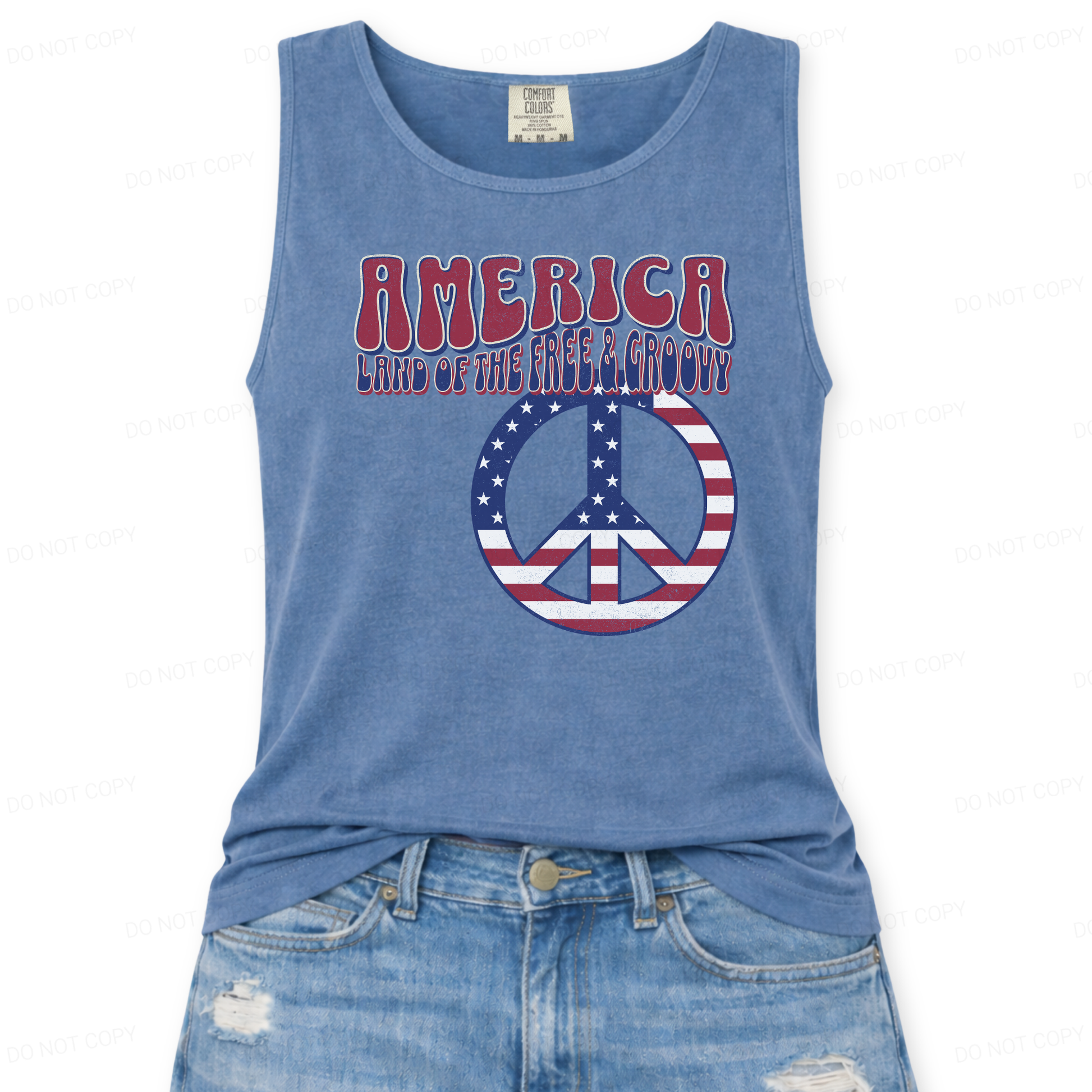 Blue tank top with 'America Land of the Free & Groovy' design on a white background