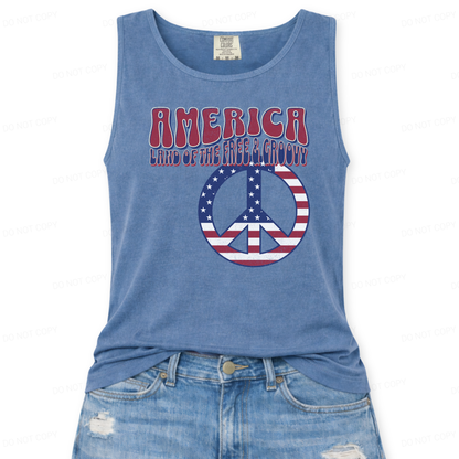 Blue tank top with 'America Land of the Free & Groovy' design on a white background
