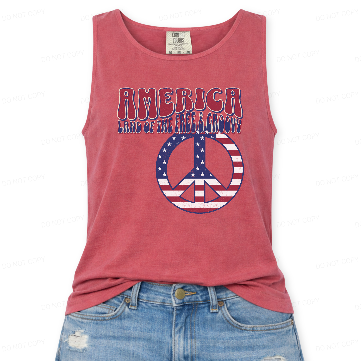 Red tank top with 'America Land of the Free & Groovy' text and peace symbol on a white background