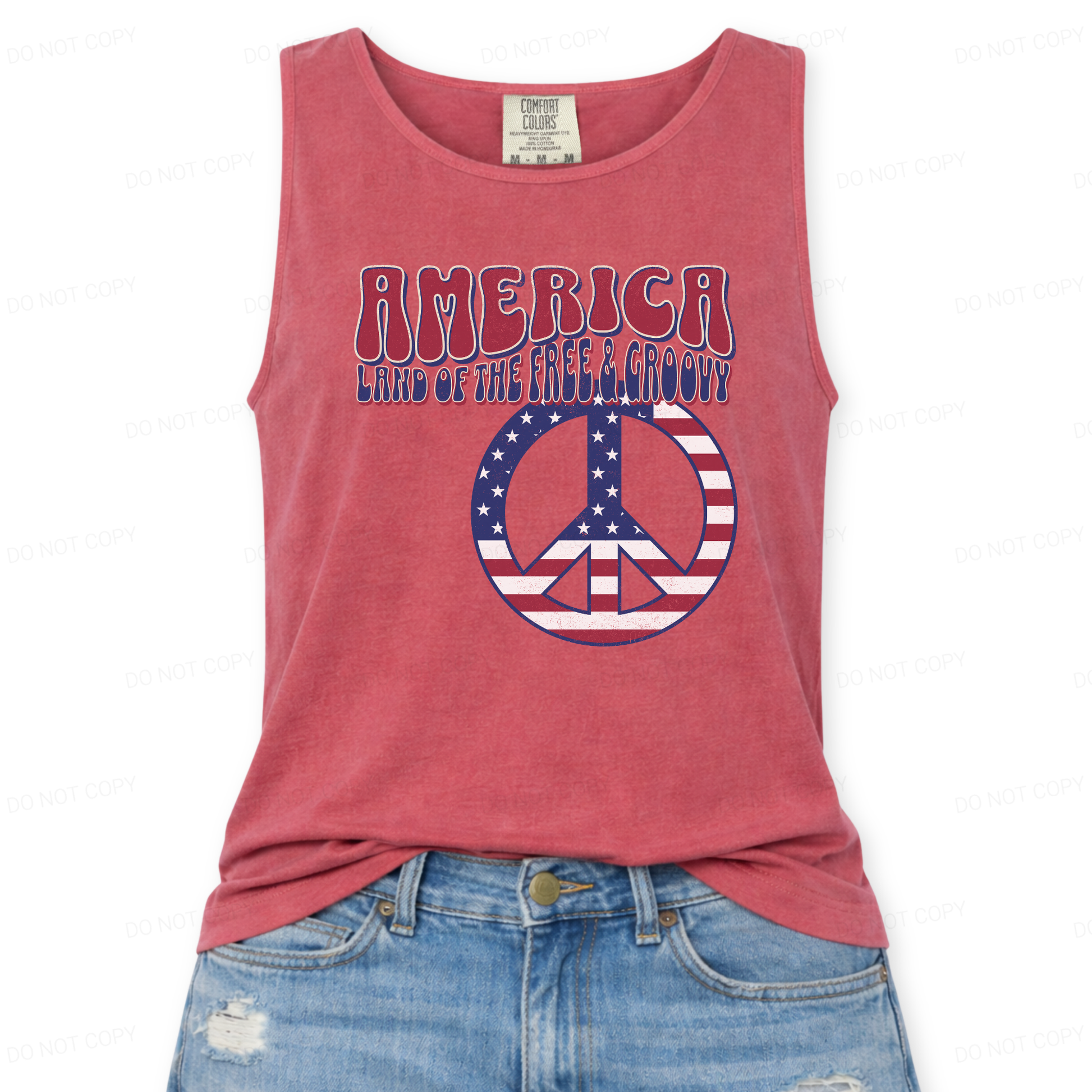 Red tank top with 'America Land of the Free & Groovy' text and peace symbol on a white background
