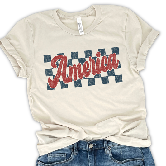 America checkered 4th of July graphic t-shirt, USA Holiday tee