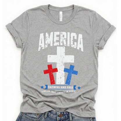 Athletic heather gray t-shirt with 'America Faithful and Free' with three red, white and blue Christian crosses