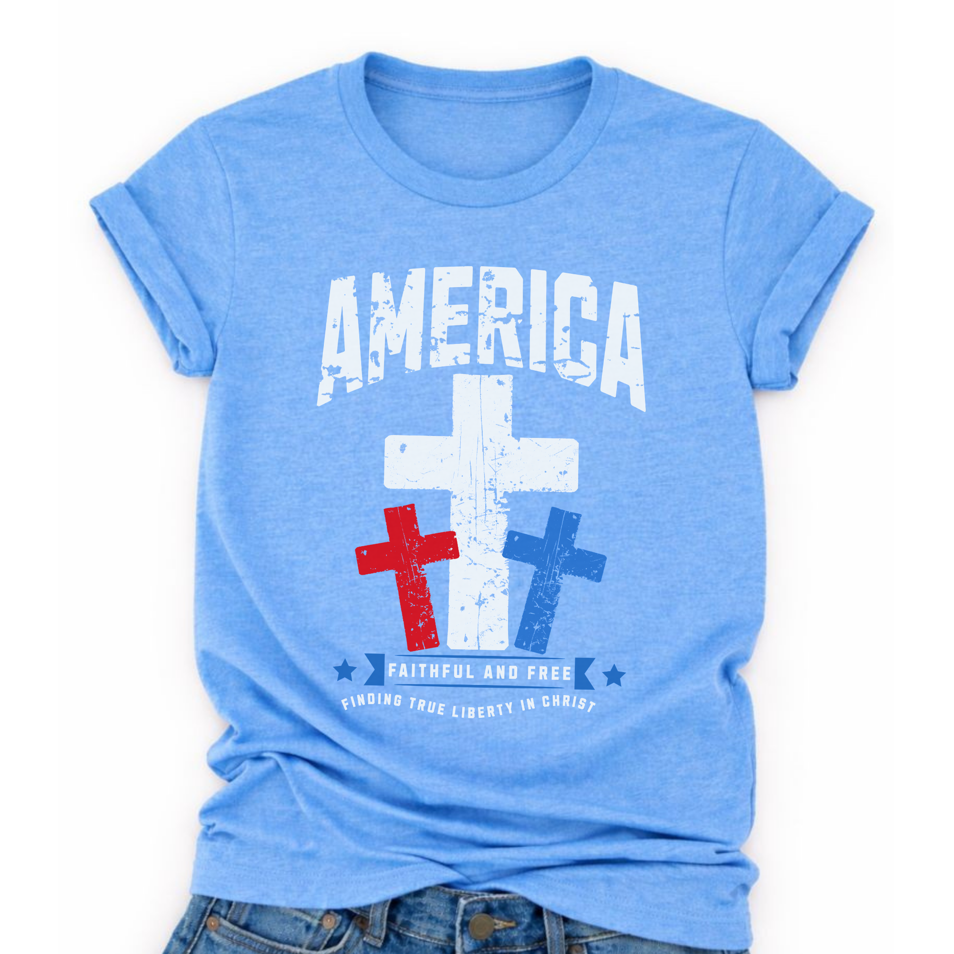Heather blue t-shirt with 'America Faithful and Free' with three red, white and blue Christian crosses
