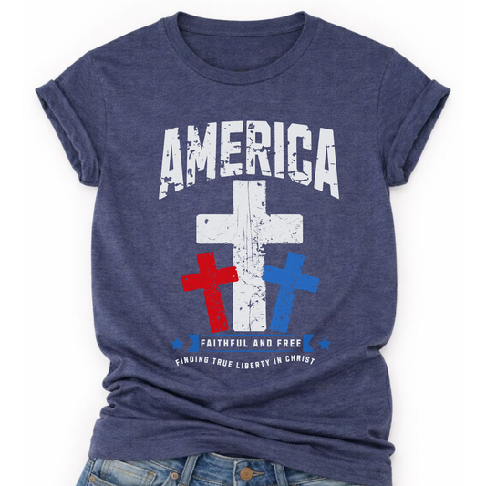 Heather Navy Blue t-shirt with 'America Faithful and Free' with three red, white and blue Christian crosses