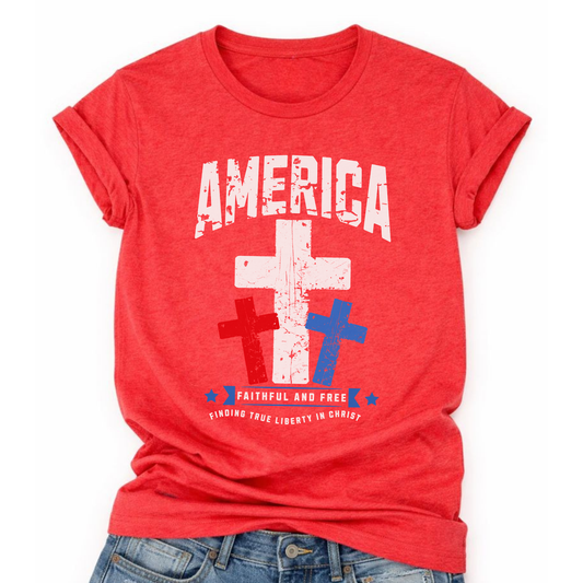 Heather red t-shirt with 'America Faithful and Free' with three red, white and blue Christian crosses