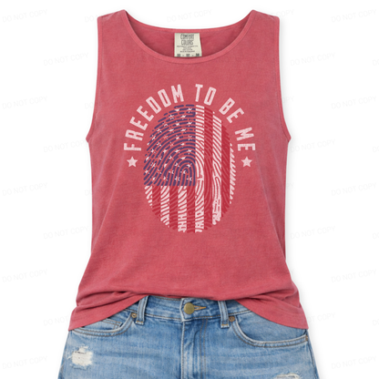 Red tank top with 'Freedom To Be Me' graphic design on a white background