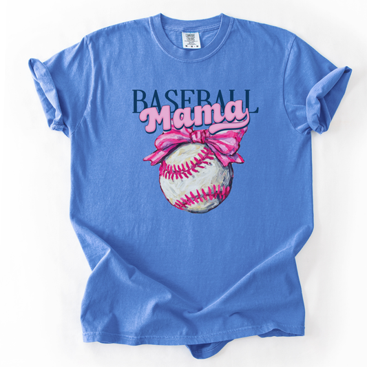 Blue t-shirt with 'Baseball Mama' graphic featuring a baseball and pink bow on a white background