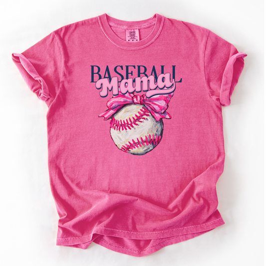 Blue t-shirt with 'Baseball Mama' graphic featuring a baseball and pink bow on a white background
