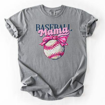 Blue t-shirt with 'Baseball Mama' graphic featuring a baseball and pink bow on a white background