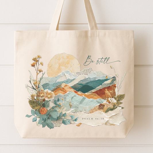 Tote bag with mountain and floral design and 'Be still' text on a white background
