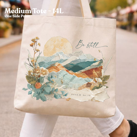 Be Still Sunset Collage Christian Faith Canvas Tote Bag