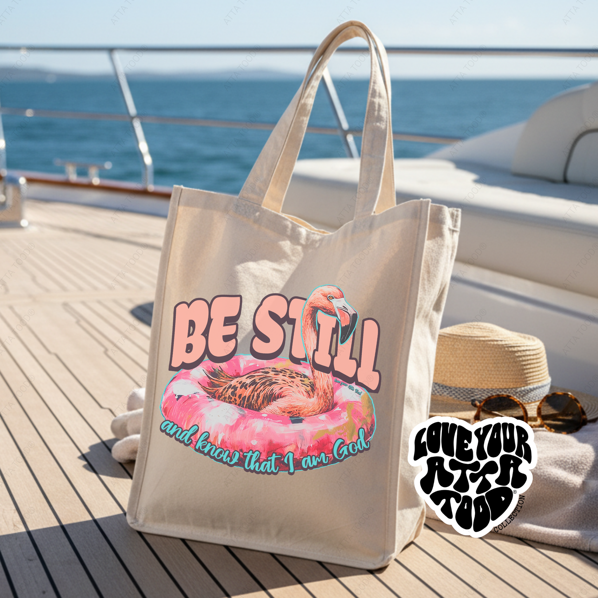 Jumbo tote bag the features a  pink flamingo float that say Be still and know that I am God
