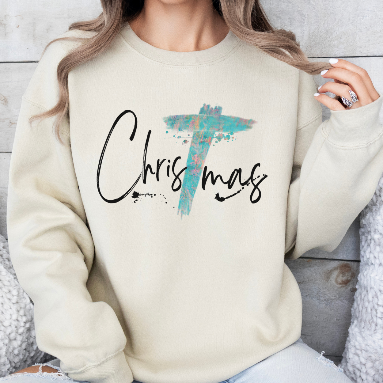 Christmas cross women's sweatshirt, Christian holiday crewneck