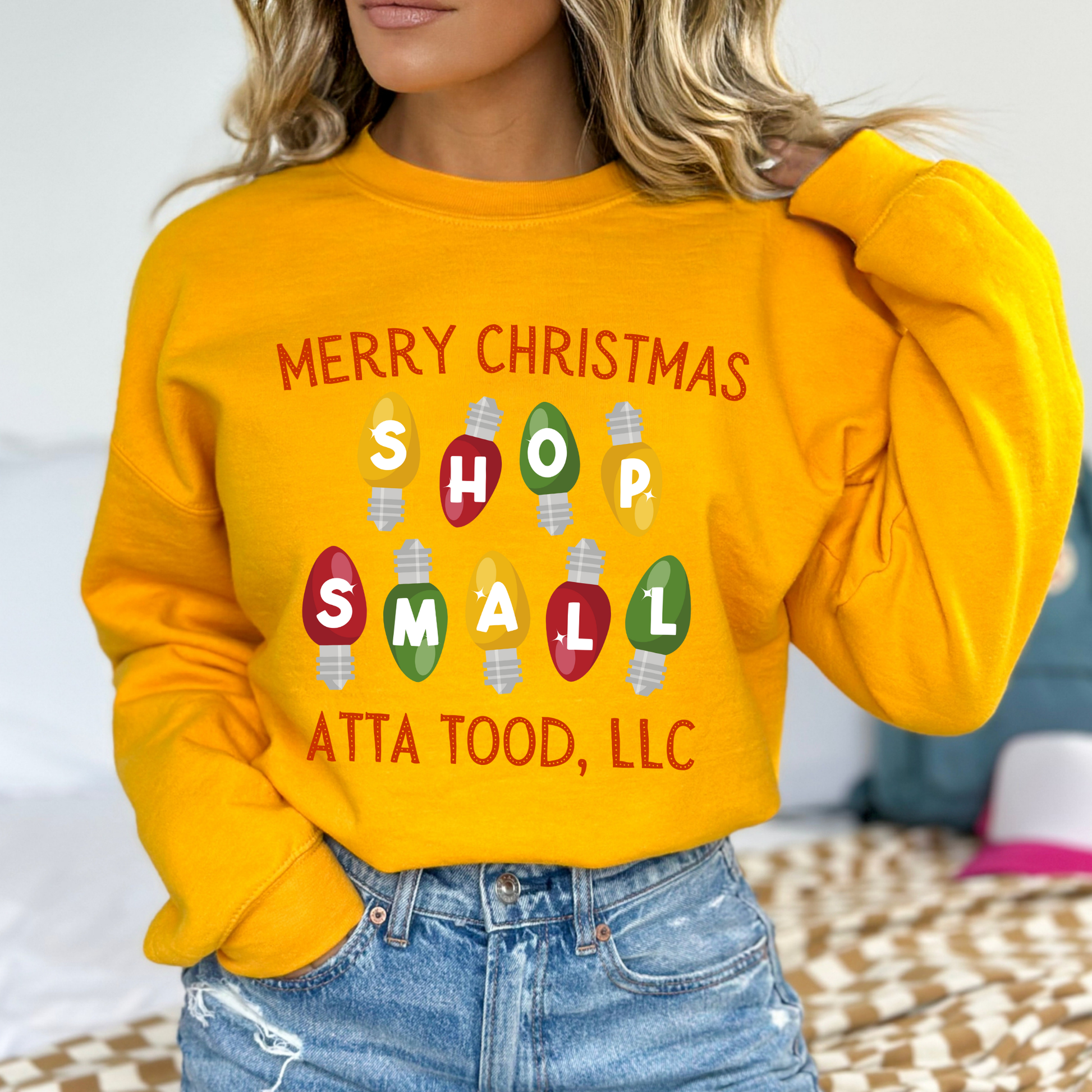Merry Christmas Shop Small customizable yellow sweatshirt with business name, city and state or both.
