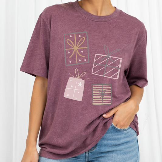 Christmas Gift boxes staggered on a Maroon Tee