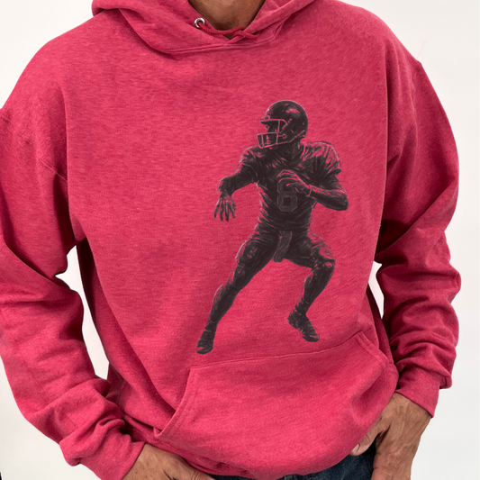 Red hoodie with a black silhouette of a football player on a white background