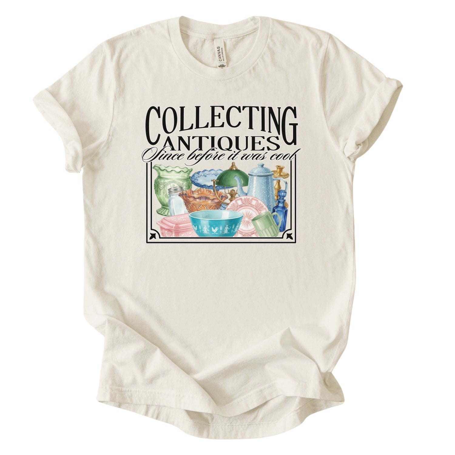 off white collecting antiques since before it was cool featuring antique dishes on a t-shirt