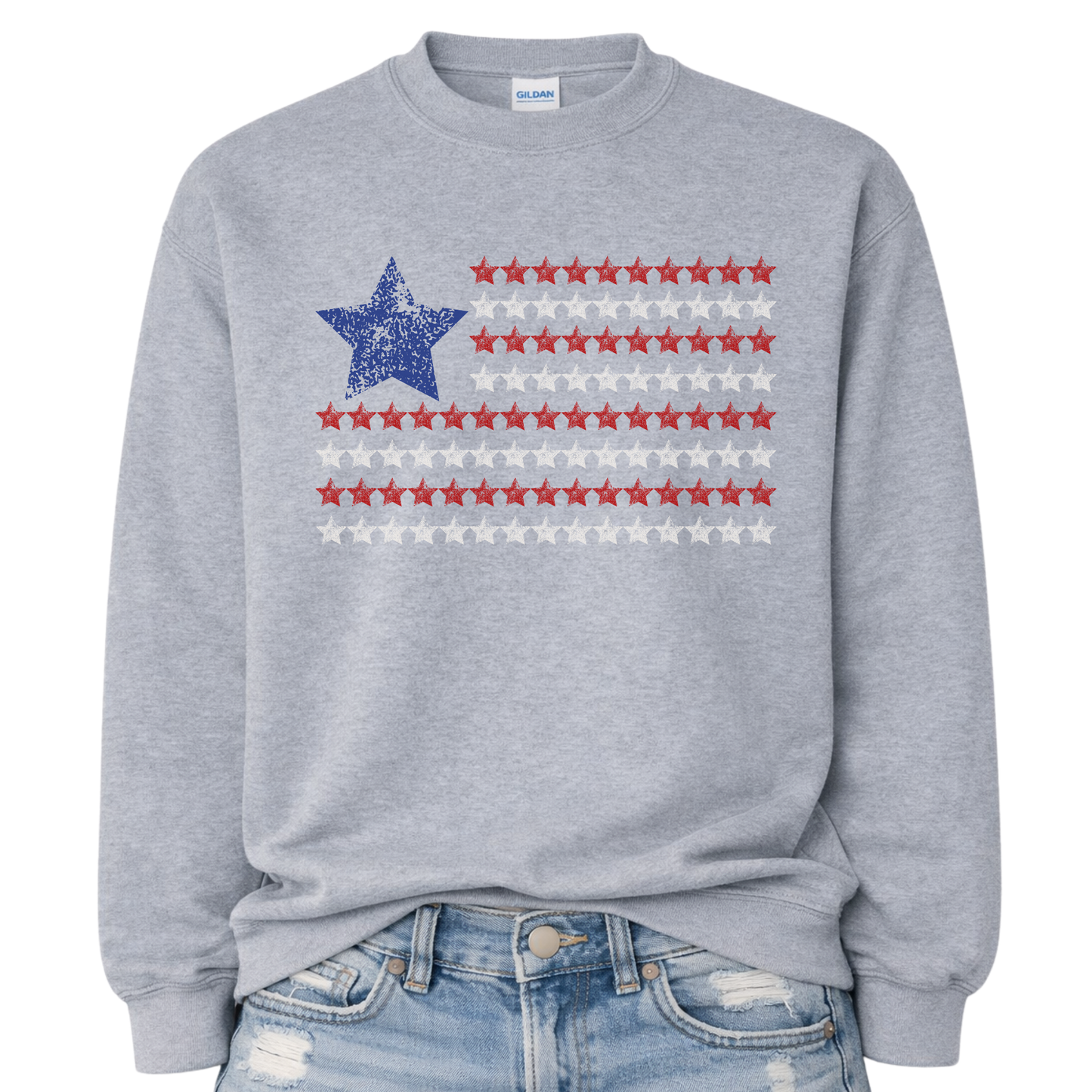 gray sweatshirt with a blue star and red stars american flag pattern on a white background