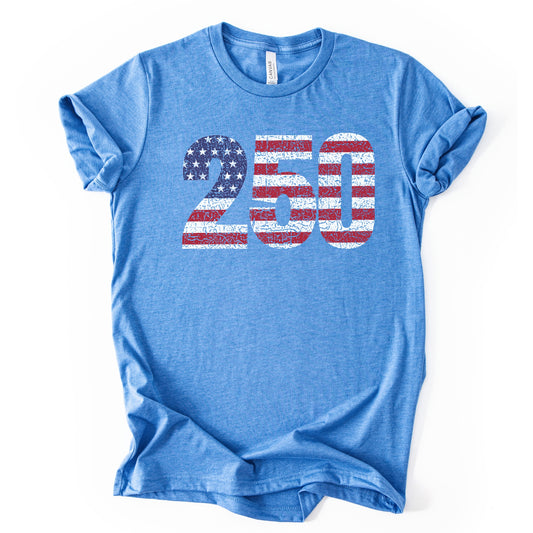 Blue t-shirt with '250' printed in American flag style on a white background