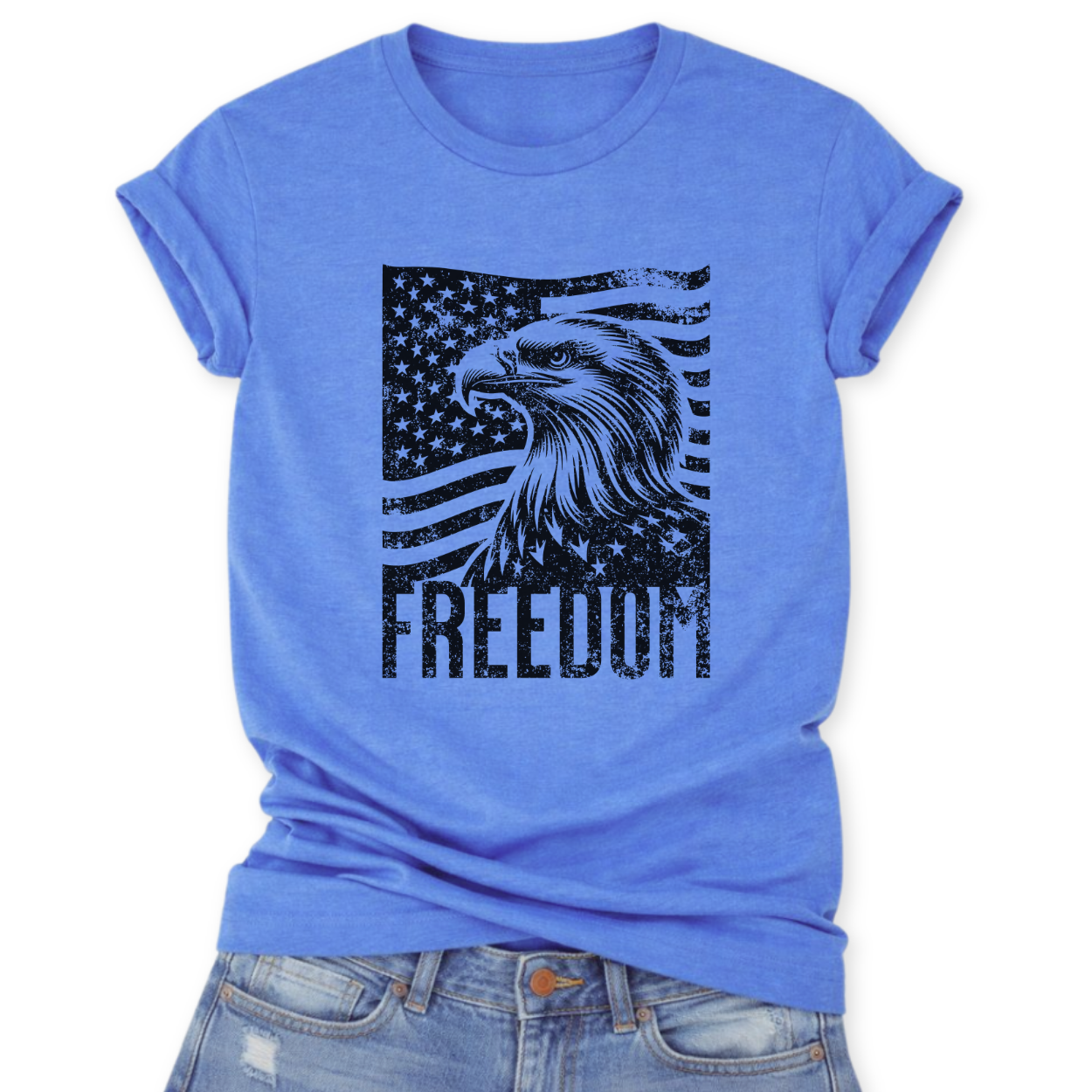 Blue t-shirt with an eagle and American flag design that says Freedom on a white background