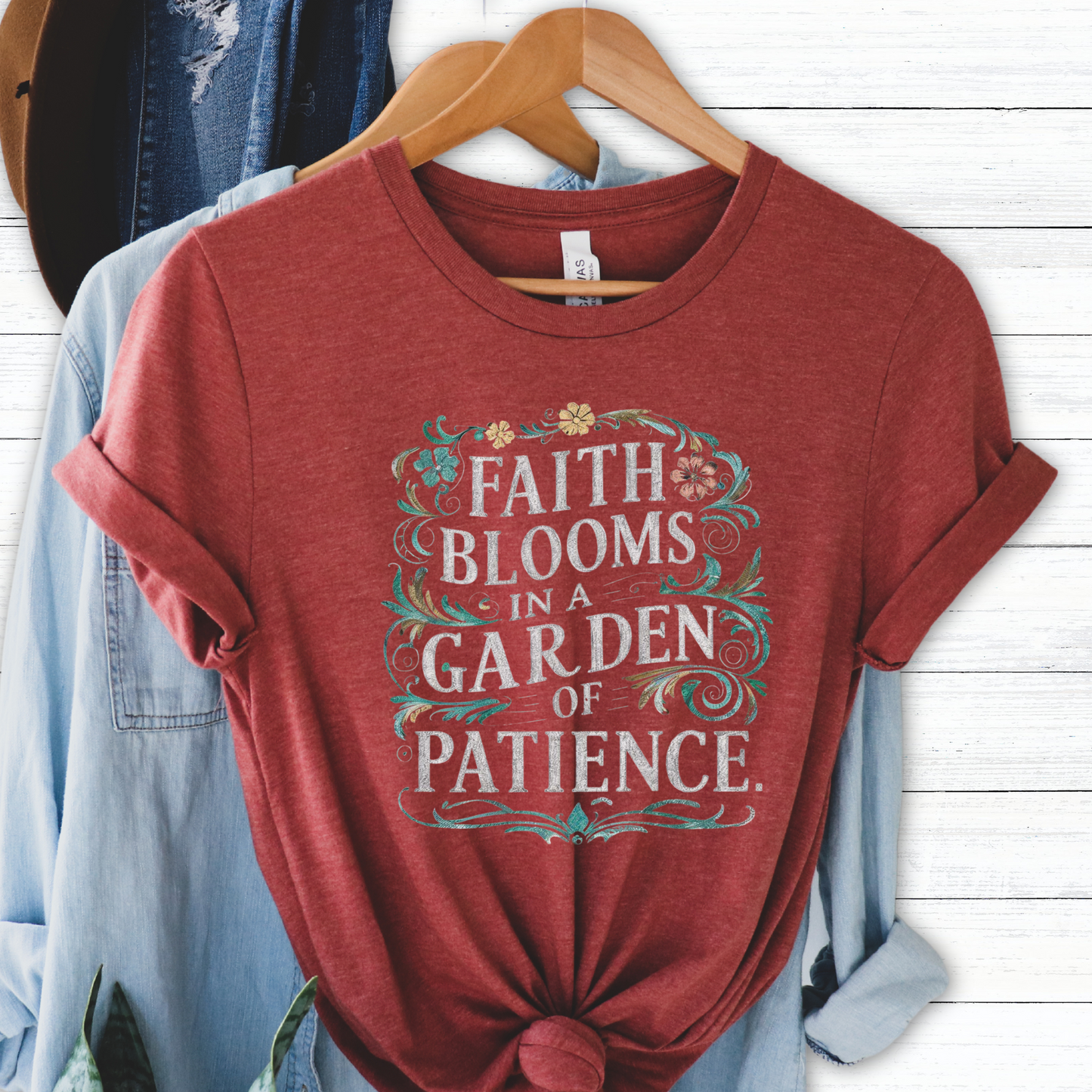 Faith blooms in a garden of patience graphic t-shirt