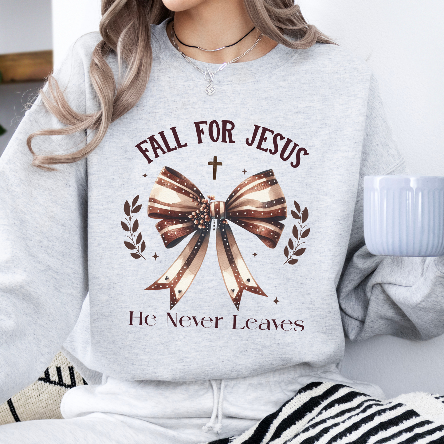 Fall for Jesus He never leaves coquette sweatshirt