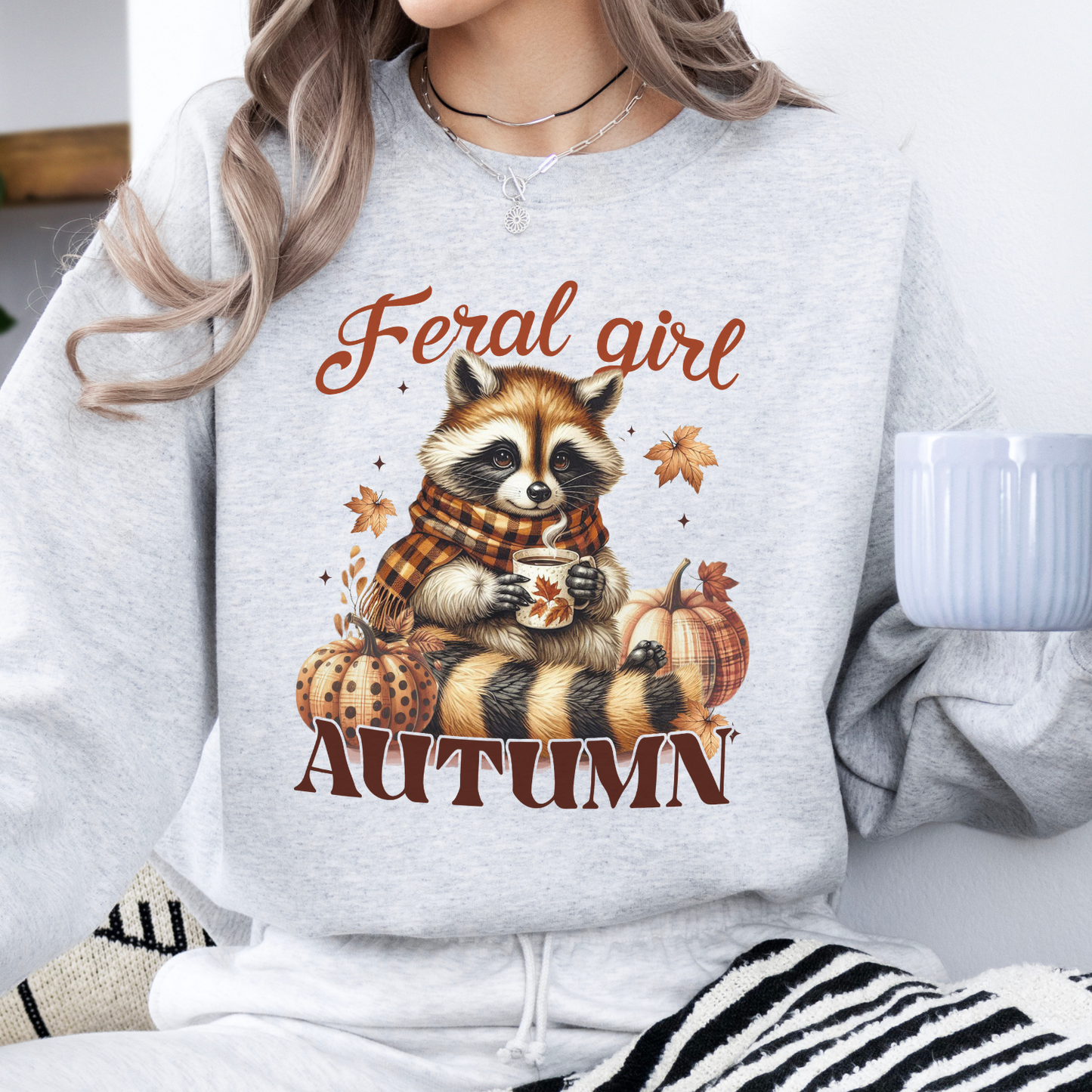 Feral Girl Autumn women's sweatshirt, Cozy Raccoon crewneck