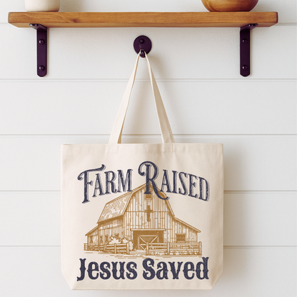 Farm Raised Jesus Saved Tote Bag | Faithbased | ATTA TOOD®
